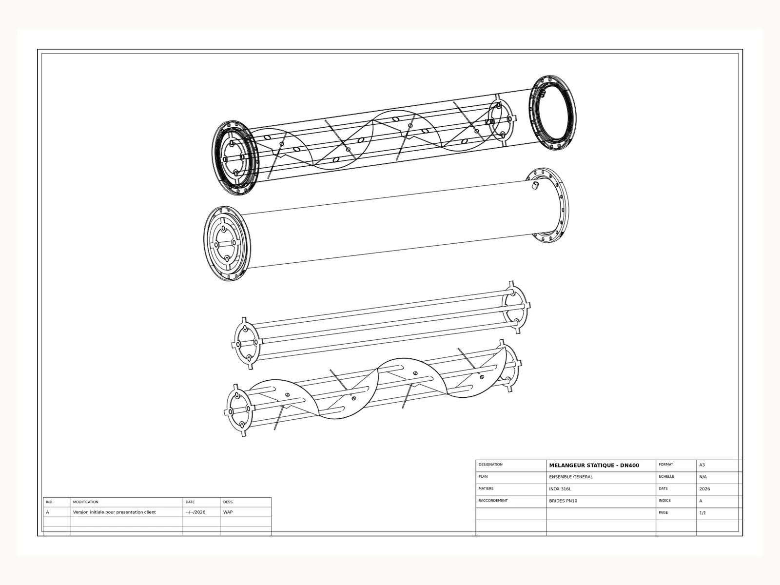 Plan technique — mélangeur statique DN400 conçu par WAP